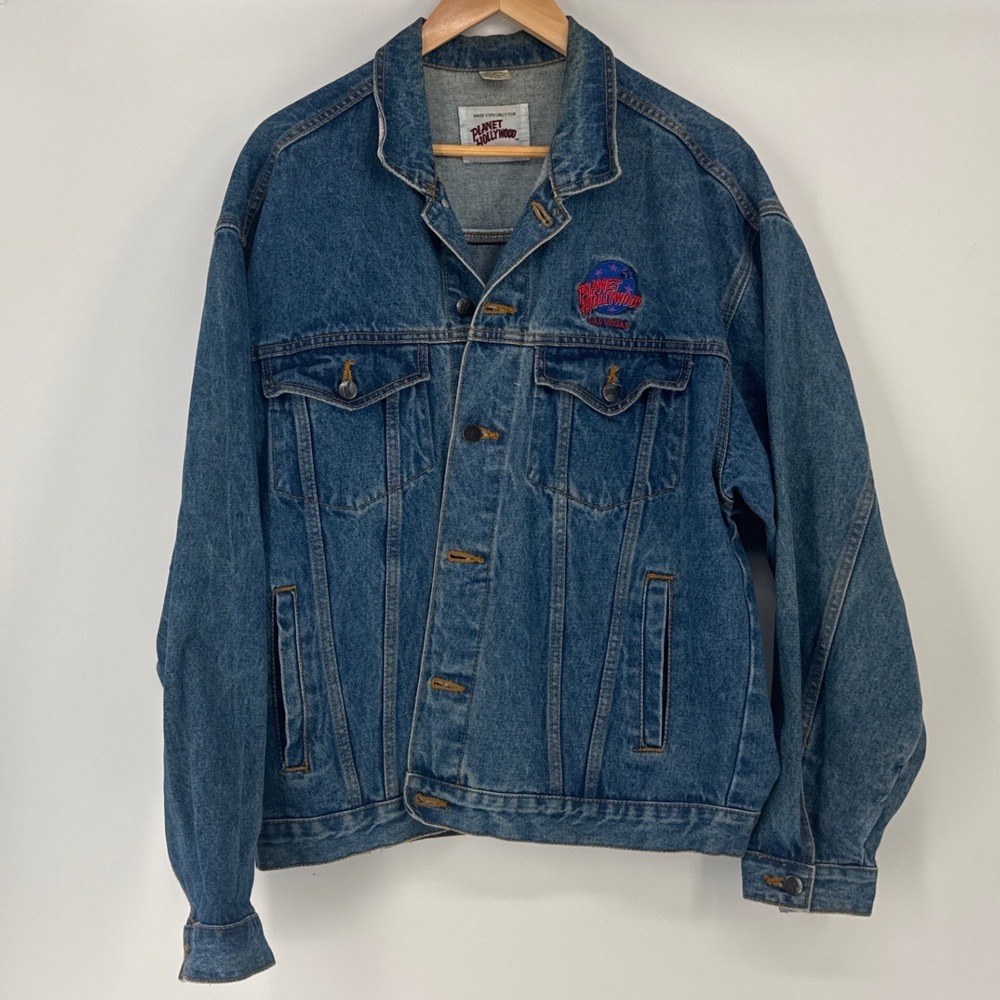 Planet Hollywood Las Vegas Vintage 90s Mens XL Denim Jacket Blue Embroidered